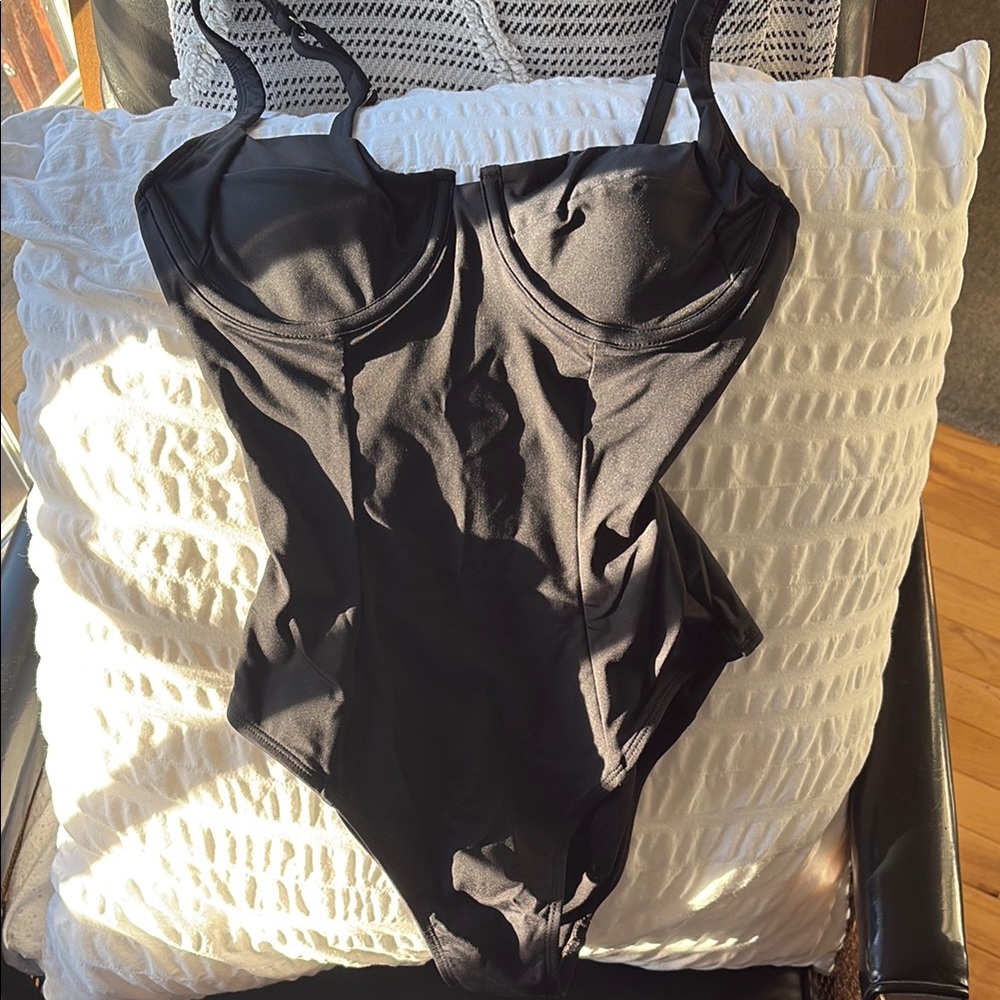 Classic Black One Piece with Sweetheart Neckline and Spaghetti Straps